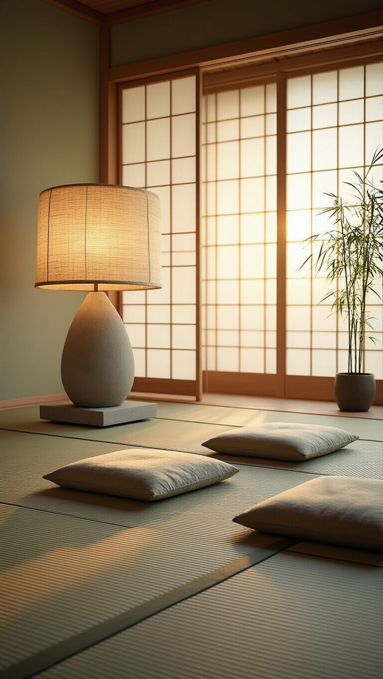 Minimalist 12x14ft meditation room at sunrise with tatami mats, wooden cushions, rice paper screens, potted bamboo, and soft light from DIY concrete lamp.