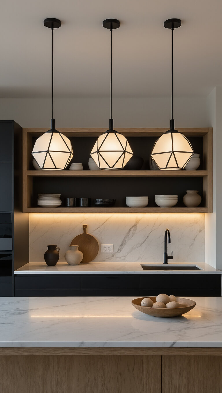Nighttime view of a Japandi-style kitchen with matte black cabinets, pale oak shelves, and marble island lit by geometric pendant lamps and warm under-cabinet lighting.