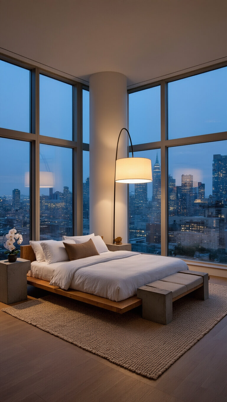 Twilight photo of elegant 18x22ft master suite with platform bed, rice paper floor lamp, floor-to-ceiling city-view windows, and greige wool rug.
