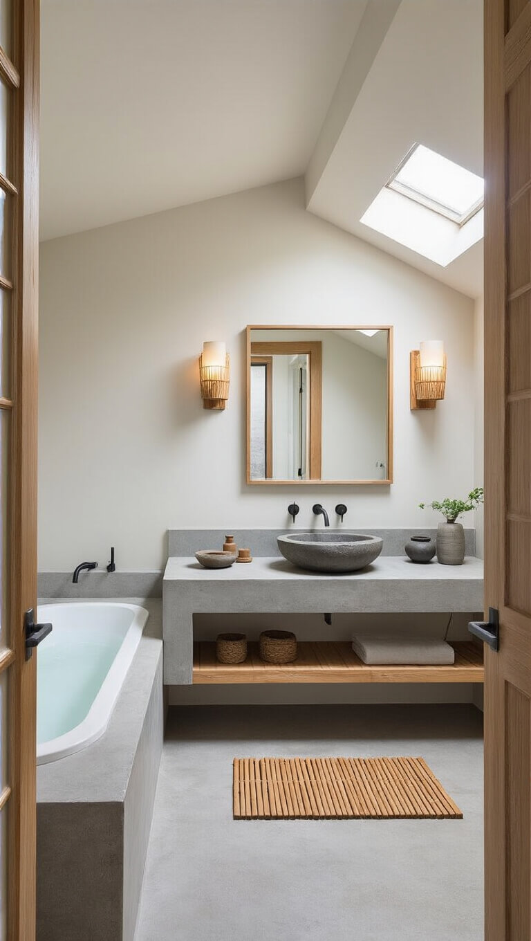 Serene 14x16ft bathroom with soaking tub, concrete vanity, bamboo sconces, and skylight lighting warm grey decor.