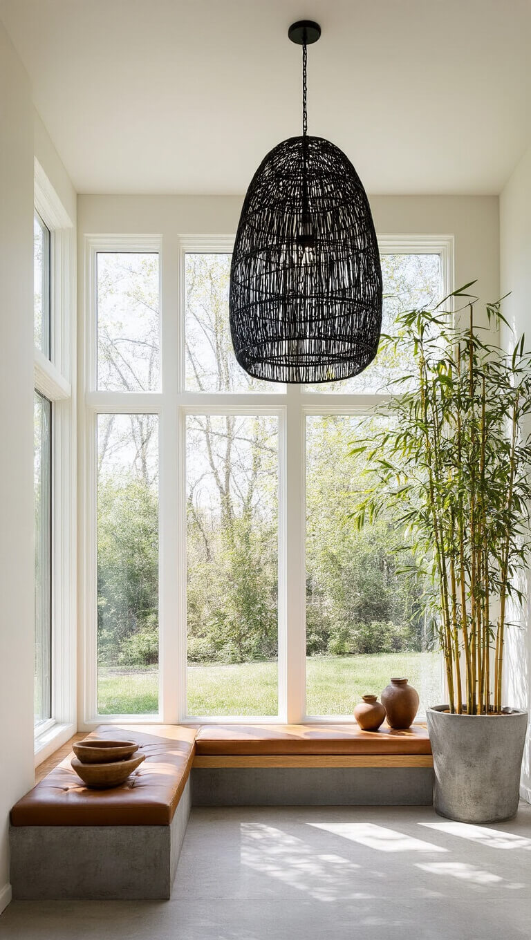 Minimal 12x15ft entryway with sculptural black metal and reed pendant lamp, oak bench with leather cushion, concrete planter with bamboo, and ceramic vessels, lit by floor-to-ceiling windows at noon.