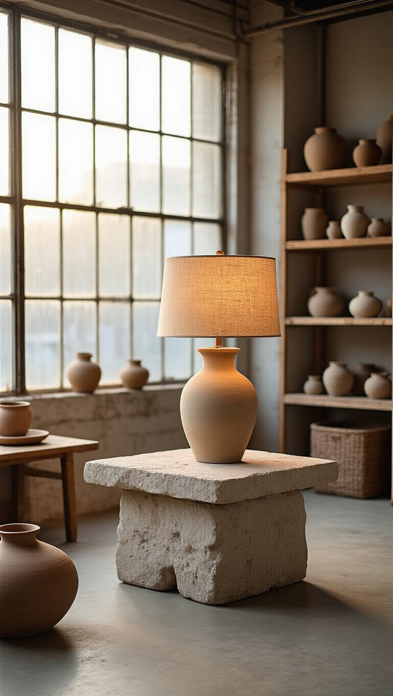 Golden hour light fills a serene 16x18ft pottery studio with concrete floors, large industrial windows, raw wood shelves of ceramics, and a DIY stone lamp with linen shade.