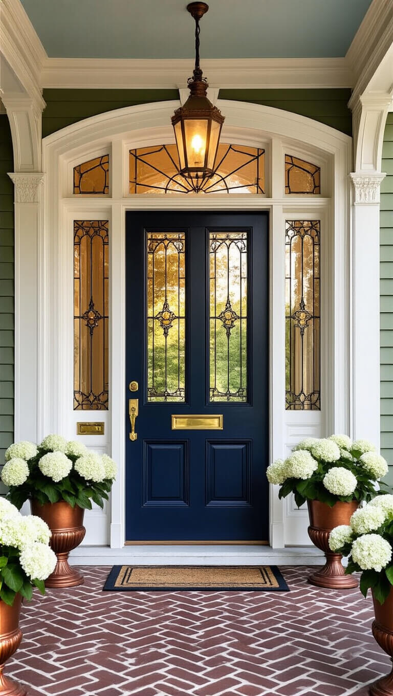Elegant Victorian entryway at golden hour featuring a tall navy wooden door with brass hardware, leaded glass sidelights, white limestone trim, sage green siding, and white hydrangeas in copper planters on a herringbone brick porch.