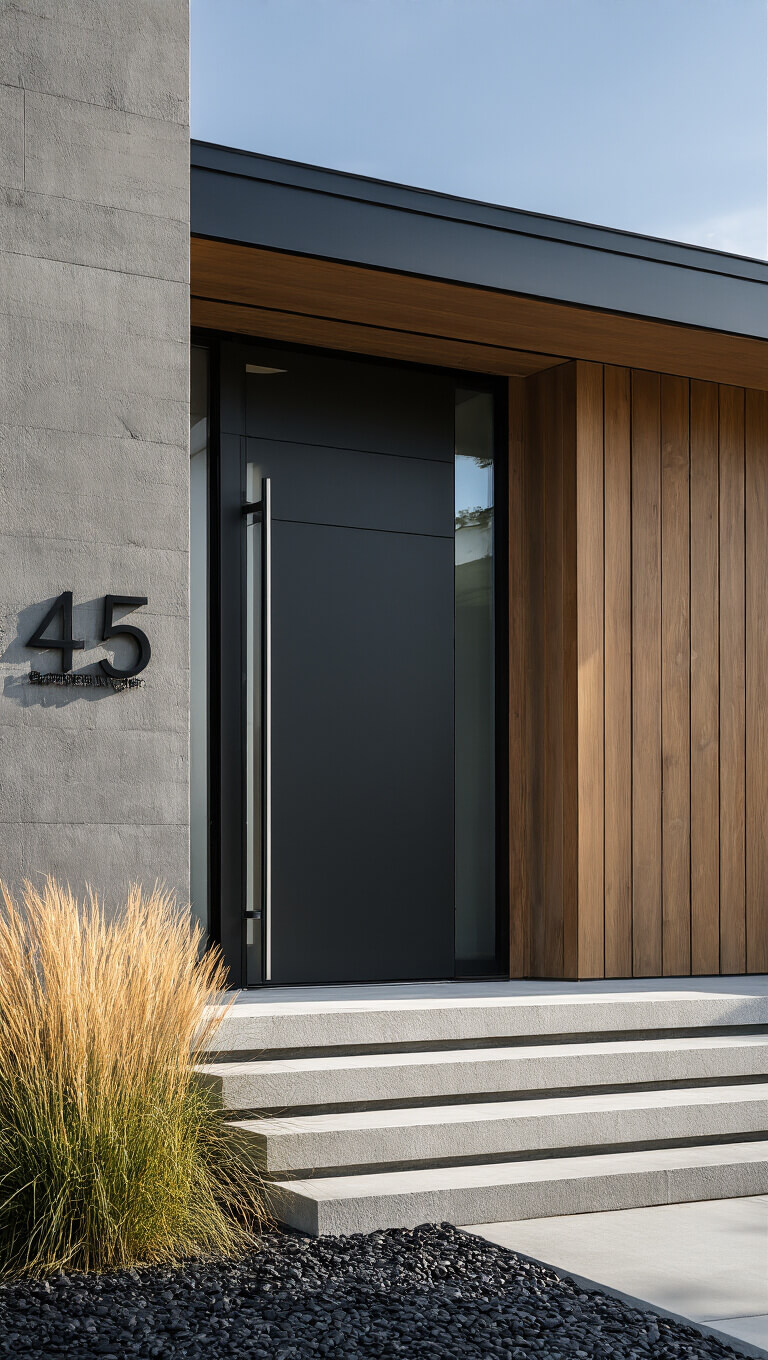 Modern minimalist home entrance with black pivot door, vertical cedar accent wall, floating concrete steps, sculptural grasses, and brushed stainless steel house numbers.