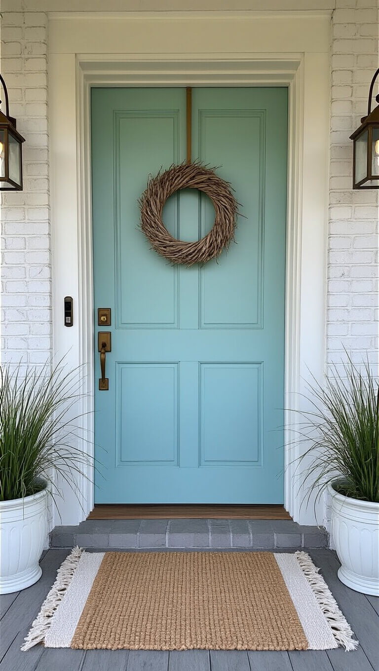 Coastal-style aqua Dutch door with white trim, brass hardware, and driftwood wreath on whitewashed brick facade, framed by zinc lanterns and sea grass planters in morning mist.