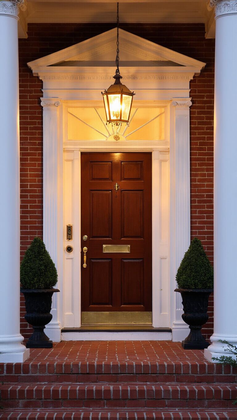 Colonial entrance at dusk with mahogany door, fanlight window, gas lanterns, and Doric columns framed by boxwood topiaries.