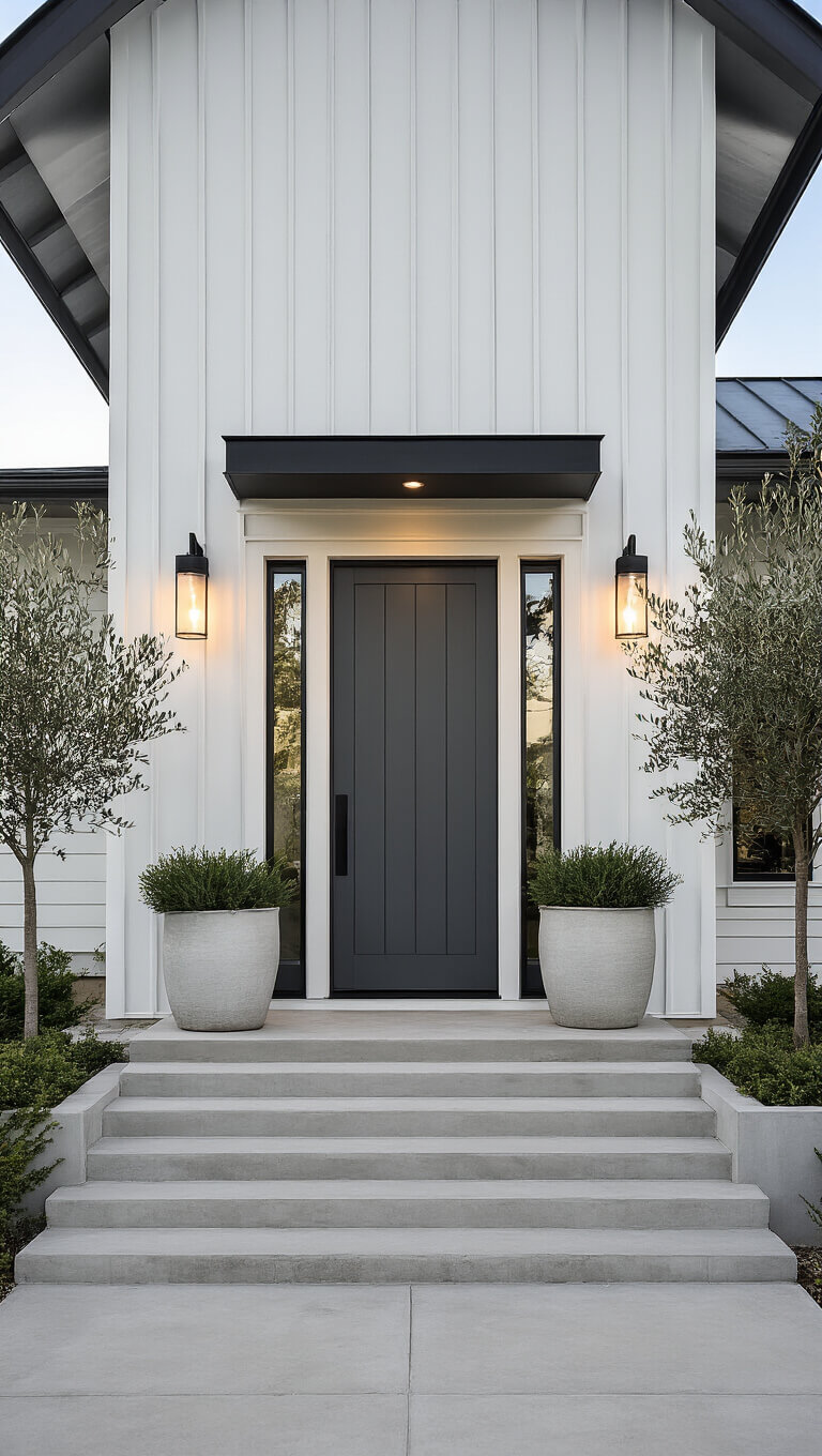 Contemporary farmhouse entry with tall charcoal gray door, glass sidelights, white board and batten siding, black accent roof, and olive trees in modern planters on concrete steps.