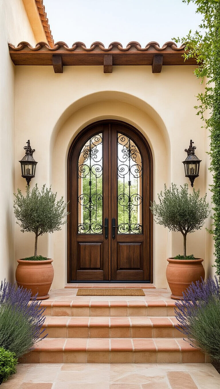 Mediterranean villa entrance with arched wooden door, iron details, stucco walls, citrus trees, and terracotta roof tiles in diffused daylight.