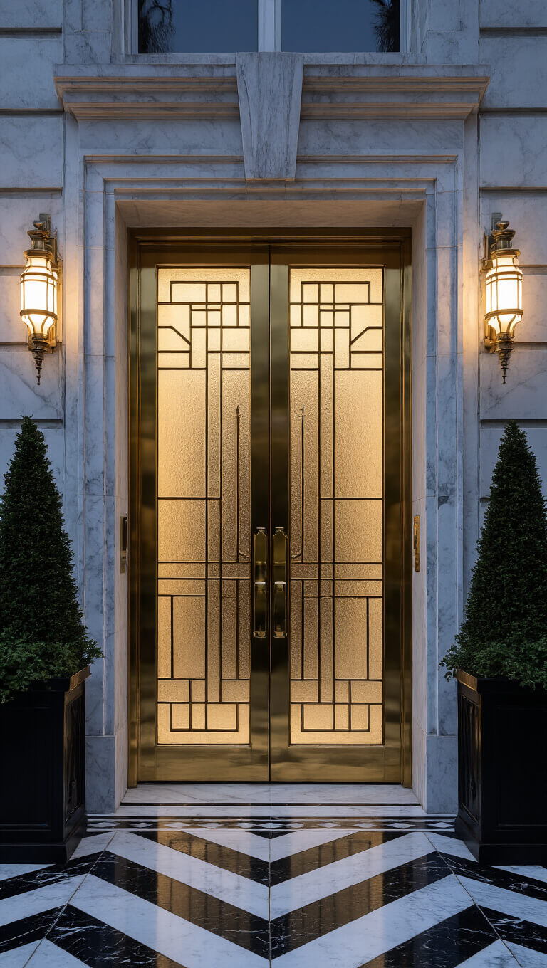 Art Deco doorway at twilight with frosted glass in brass frame, flanked by sconces, chevron marble porch, and symmetrical palm planters.