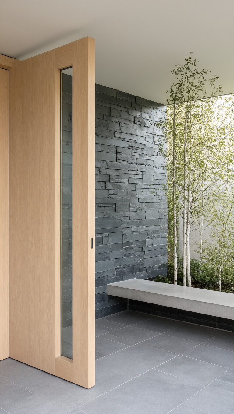 Scandinavian modern entrance with bleached oak pivot door, vertical window, slate wall, floating concrete bench, and minimalist planters with white birch trees in soft morning light.