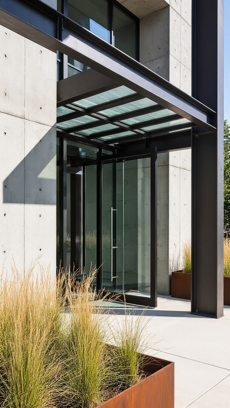 Industrial modern entrance with steel and glass pivot door, exposed hardware, board-formed concrete walls, cor-ten planters, and sharp noon shadows highlighting textures and geometric lines.