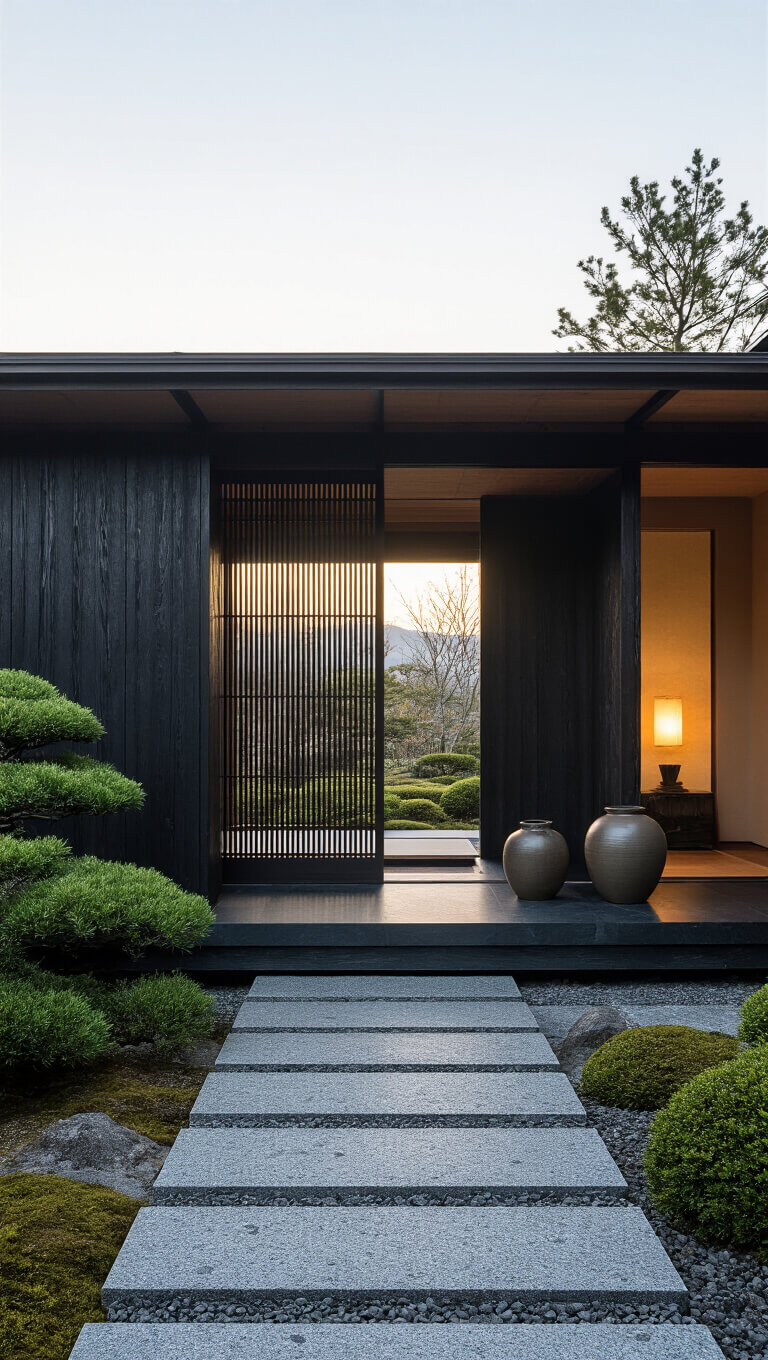 Japanese-style entry at dawn with large charred wood sliding door, bamboo screen, granite step, ceramic pots, cloud-pruned juniper, and soft morning light creating a serene, zen atmosphere.