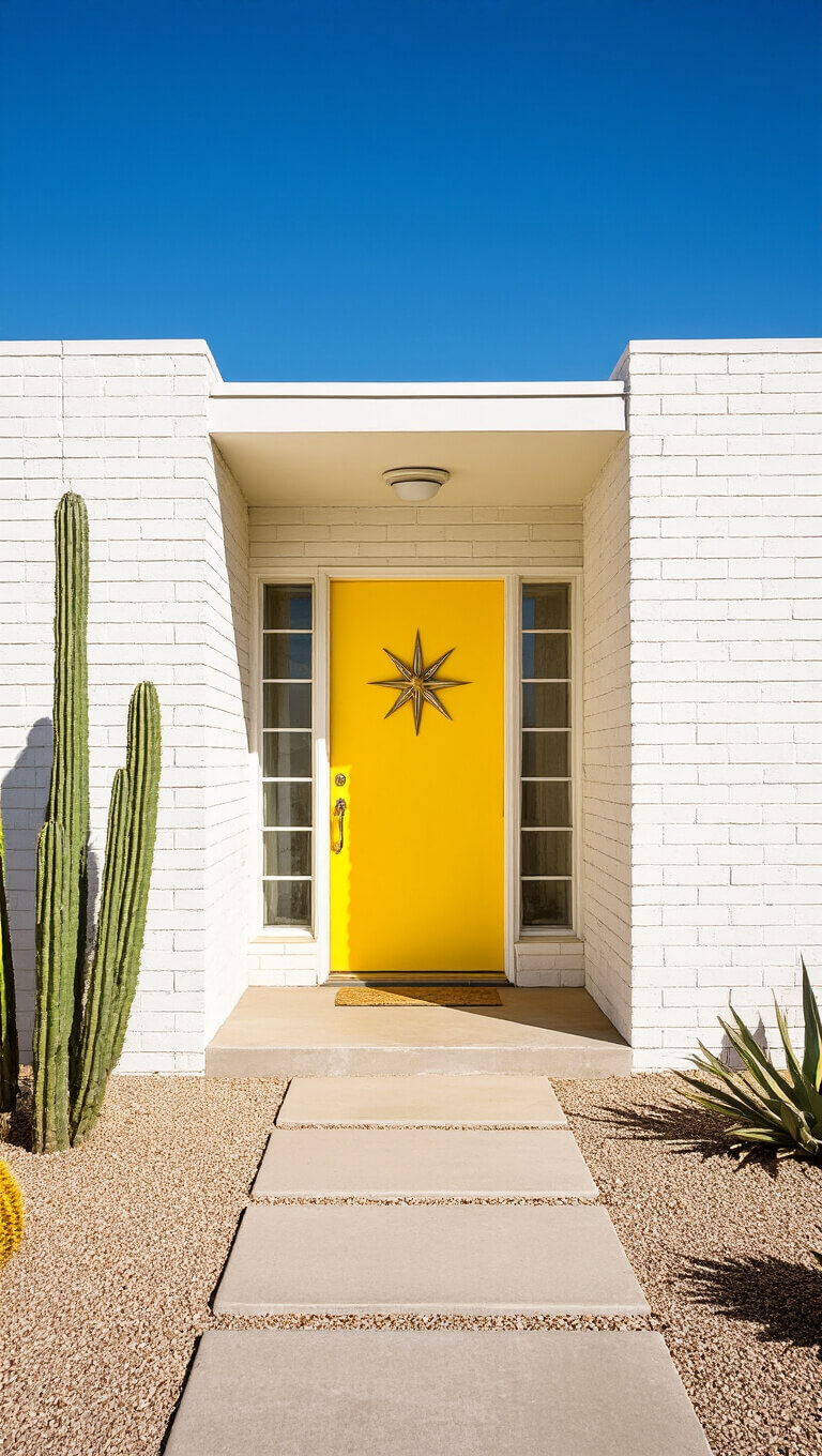Mid-century modern Palm Springs entrance with bright yellow starburst door, white brick walls, clerestory windows, breeze blocks, and desert landscaping in harsh noon light casting bold shadows.