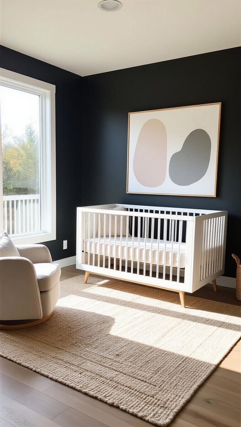 Modern minimalist nursery with white Babyletto crib, black accent wall, plush glider, abstract artwork, and layered rugs in morning light.