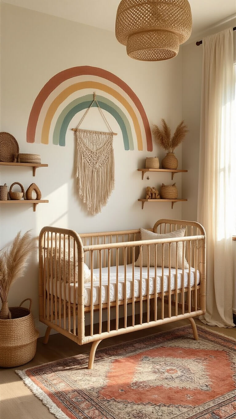 Boho-chic nursery with rattan crib, rainbow mural, vintage rug, and golden hour light through sheer curtains.
