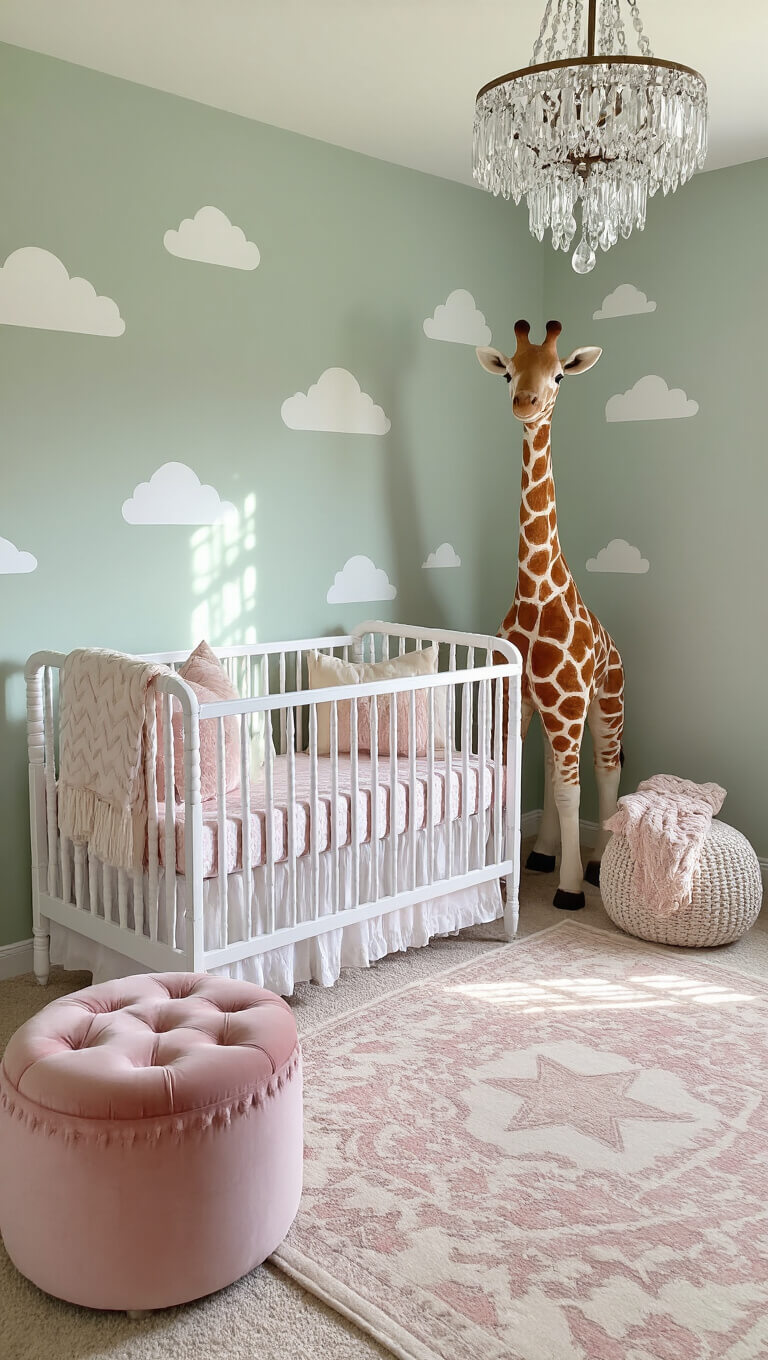 Whimsical sage green nursery with white Jenny Lind crib, blush pink rocker, oversized giraffe, and crystal chandelier viewed from above.