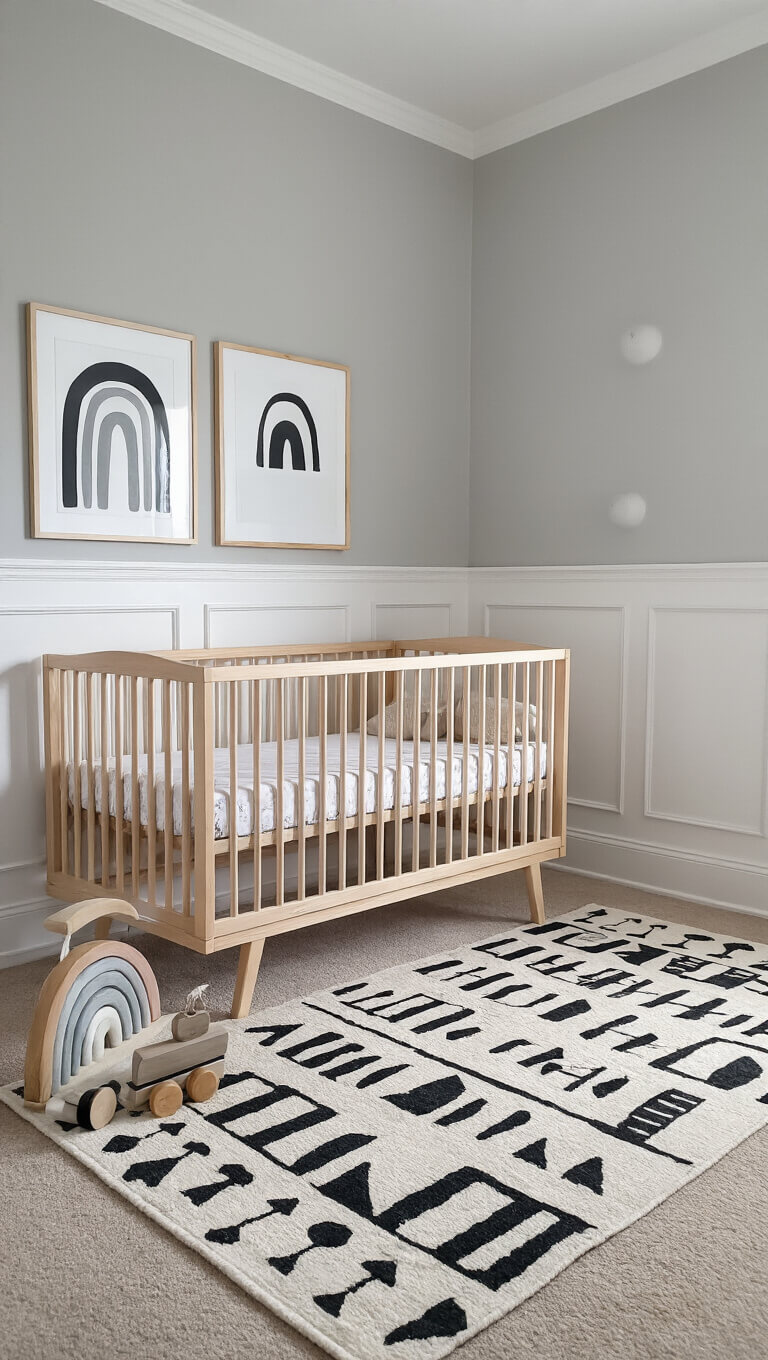Scandinavian-style 13x15ft nursery with pale gray walls, natural wood crib, black and white geometric rug, and minimal monochrome décor in soft afternoon light.