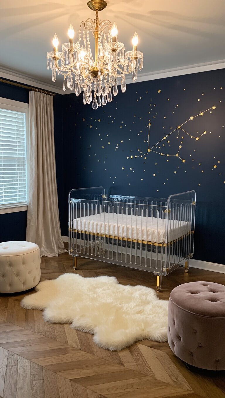 Luxurious 14x16ft nursery at dusk with navy accent wall, gold constellation decals, acrylic crib, layered sheepskin rugs on herringbone floor, crystal chandelier, velvet ottoman, and silk curtains.