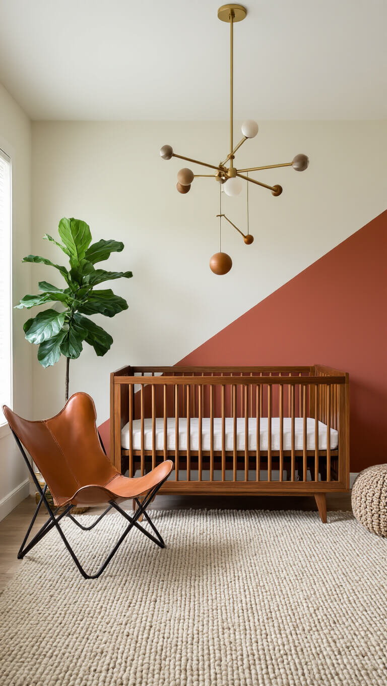 Contemporary 12x14ft nursery with cream and terracotta color-blocked walls, walnut mid-century crib, leather butterfly chair, fiddle leaf fig, brass and wood geometric mobile, and neutral textured wool rug in bright midday light.