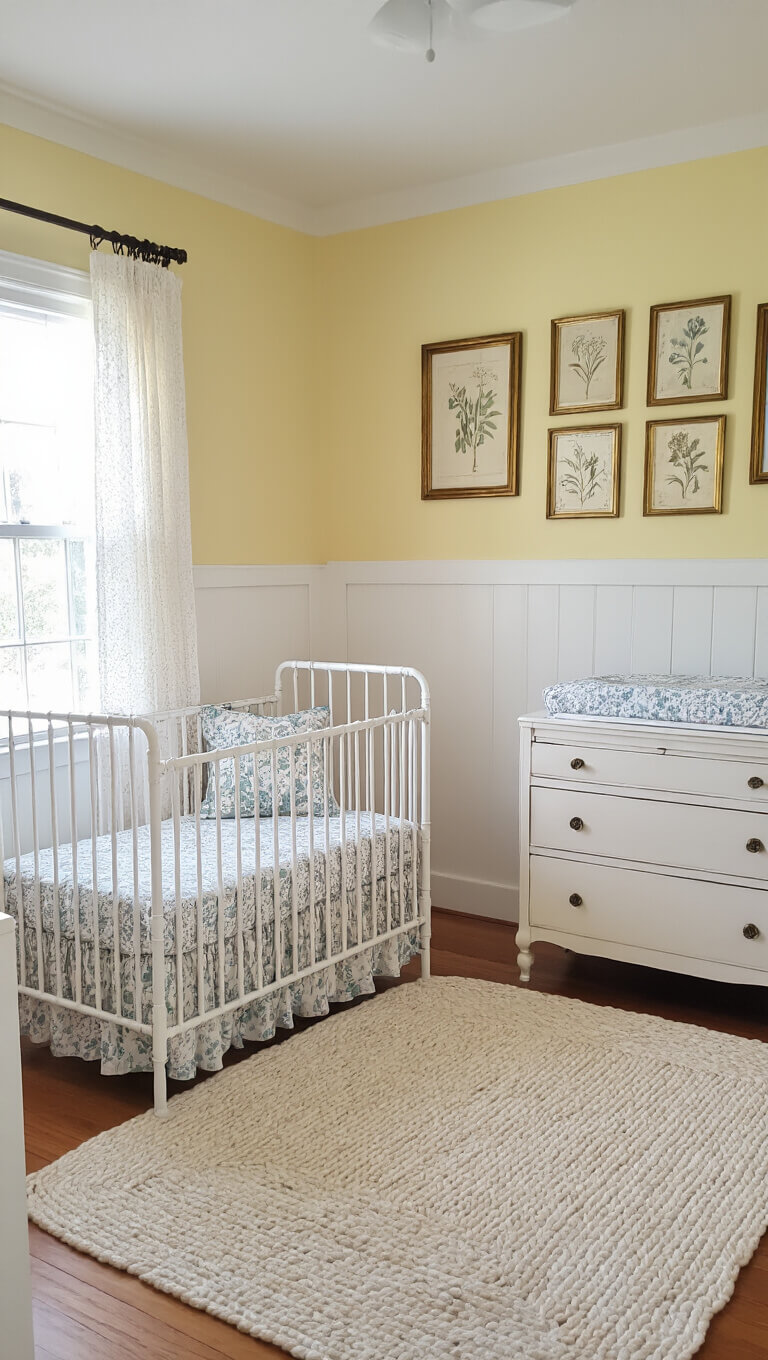 Sunlit cottage-style nursery with butter yellow walls, white iron crib with floral bedding, botanical gallery wall, antique dresser changing table, and cream-blue braided rug.