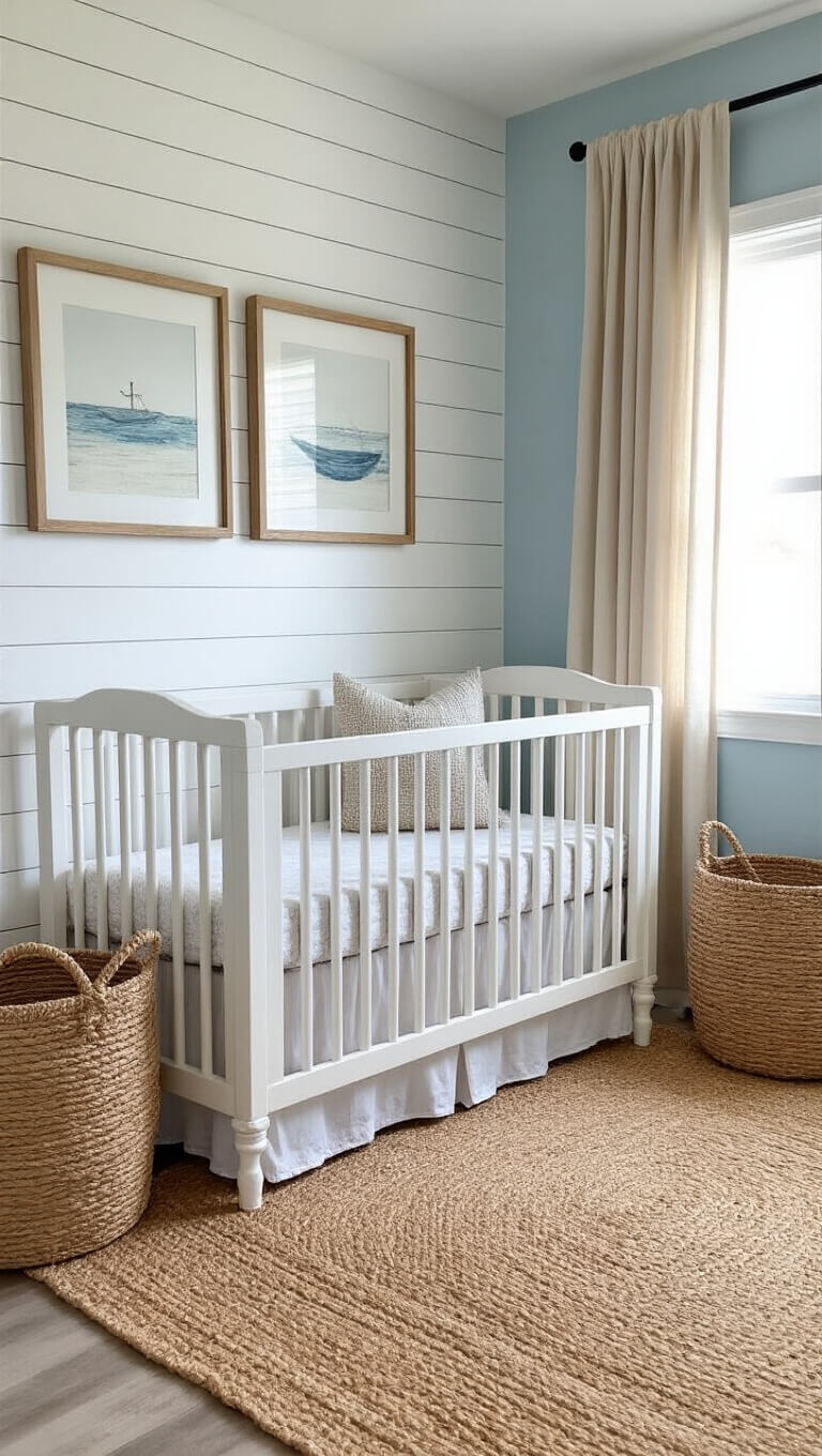 Coastal-style nursery with white shiplap walls, pale blue accent wall, rope-detailed crib, seagrass baskets, jute rug, sand-toned curtains, and maritime art in weathered frames.