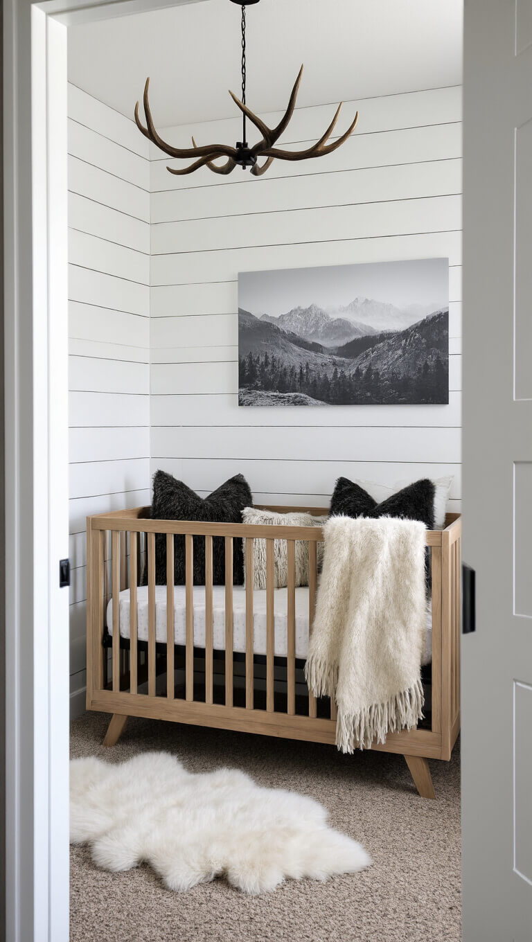 Rustic-modern nursery with pine crib, wood accent wall, antler mobile, and black-and-white landscape photography at dawn.