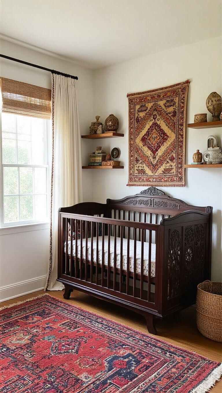 Warm, sunlit global-themed nursery with vintage textile art, dark wood crib, Moroccan rug, embroidered curtains, and floating shelves displaying cultural artifacts.