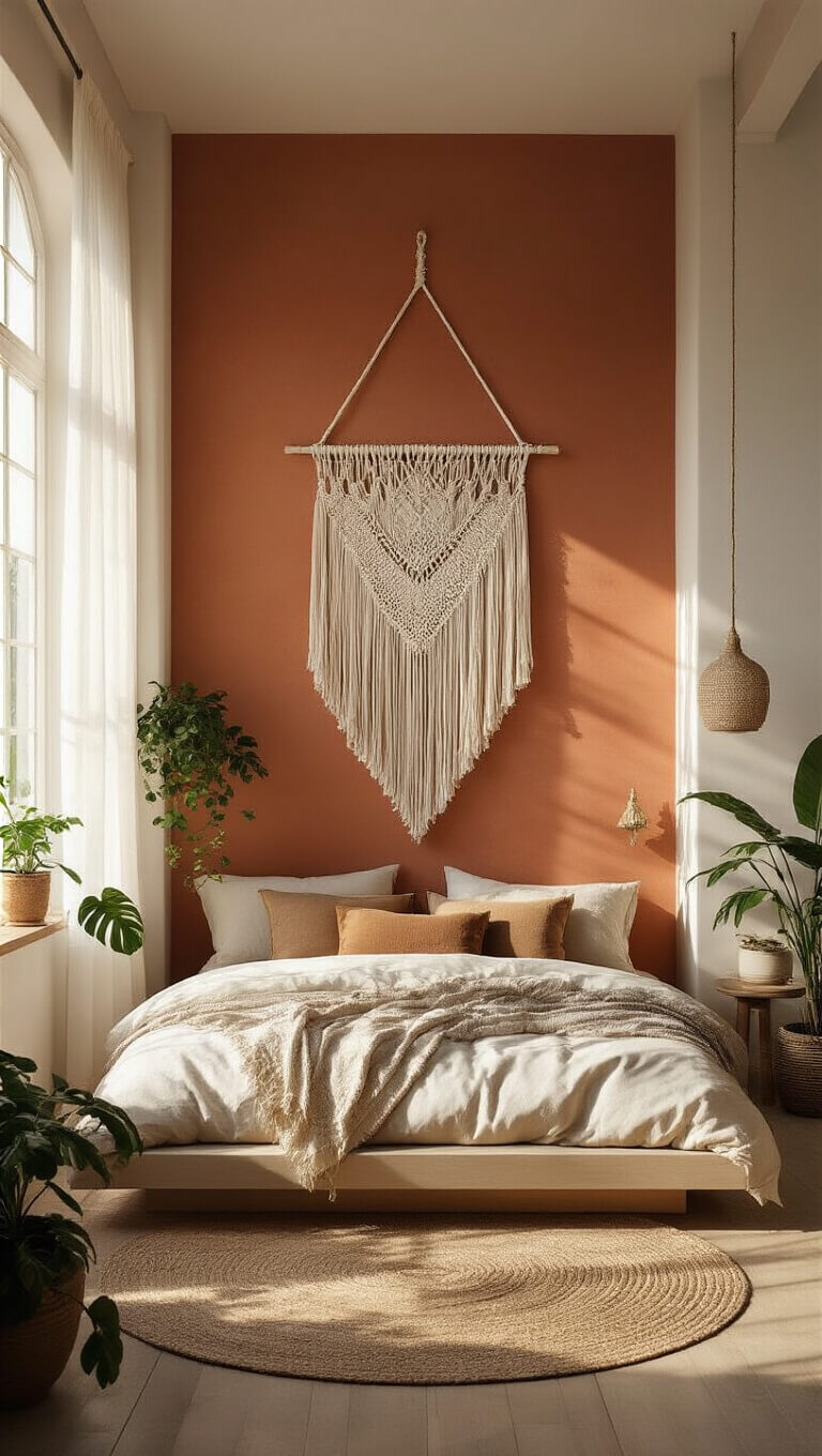 Sunlit boho bedroom with ivory macramé wall hanging on terracotta wall, textured linens, earth-tone pillows, and lush greenery.