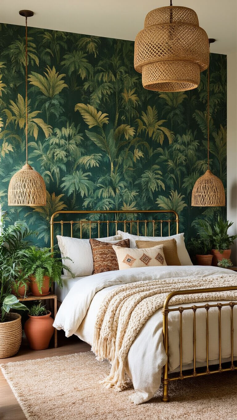 Boho bedroom with emerald and gold palm wallpaper, vintage brass bed, mud cloth pillows, cream knit throw, rattan lights, and terra cotta planters with ferns and succulents.