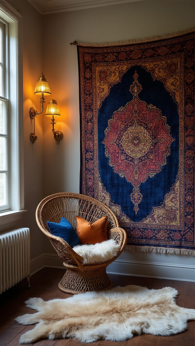 Twilight-lit bedroom with large vintage Moroccan tapestry, brass sconces, rattan peacock chair with silk cushions, and sheepskin rug.