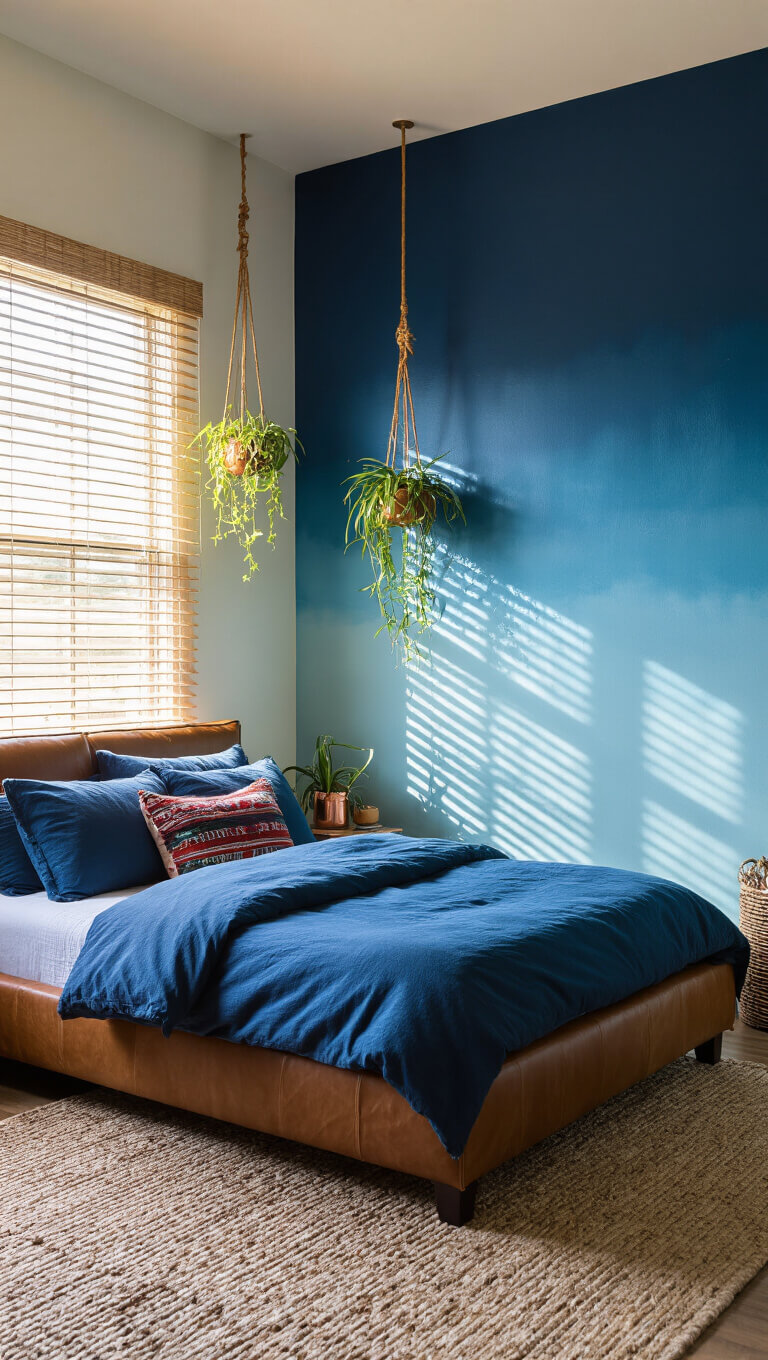Cozy 13x15ft bedroom with ombre accent wall from deep indigo to sky blue, sunlit through bamboo blinds, featuring a low leather bed with tribal textiles, indigo pillows, hanging air plants, and copper decor.