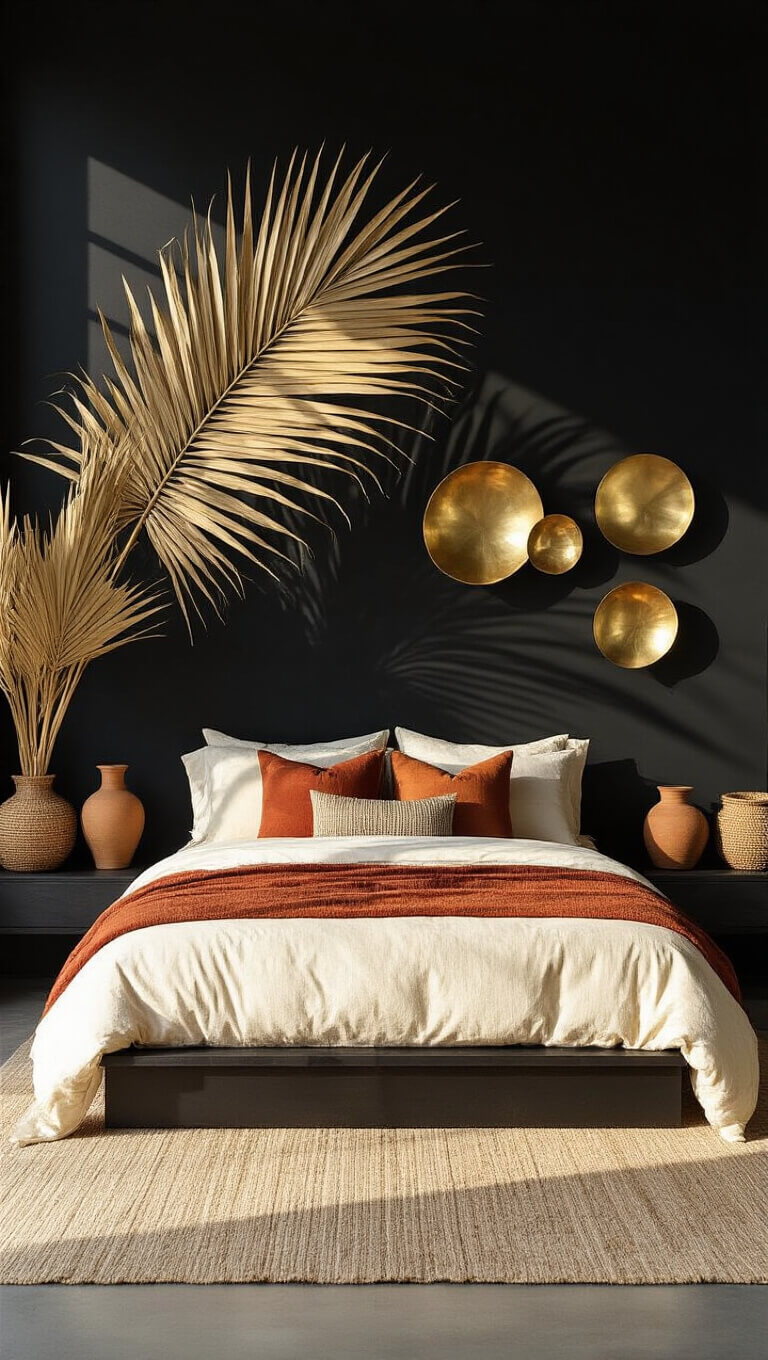 Symmetrical modern bedroom with black accent wall, dried palm fronds, brass sculptures, and golden hour side lighting.