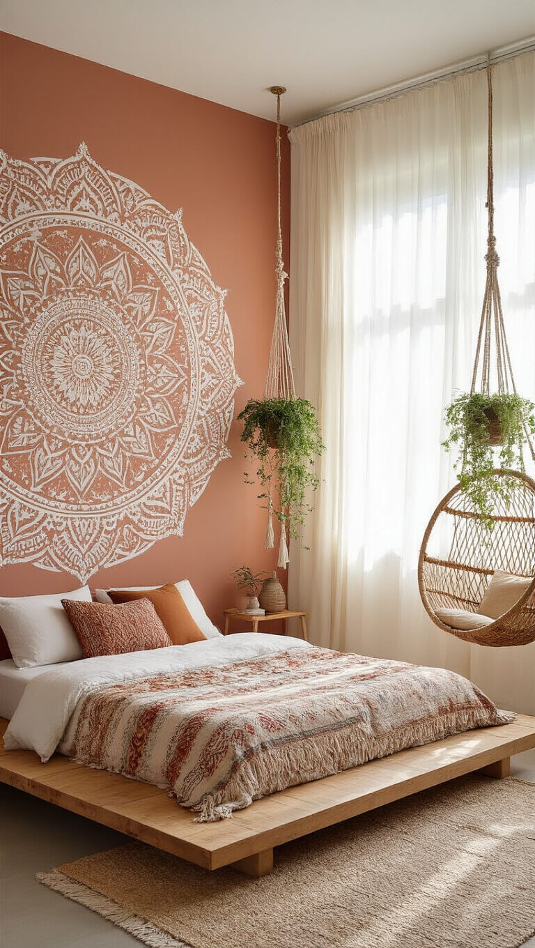 Sunlit boho bedroom with mandala accent wall, floating wooden bed, vintage textiles, rattan chair, and hanging plants.
