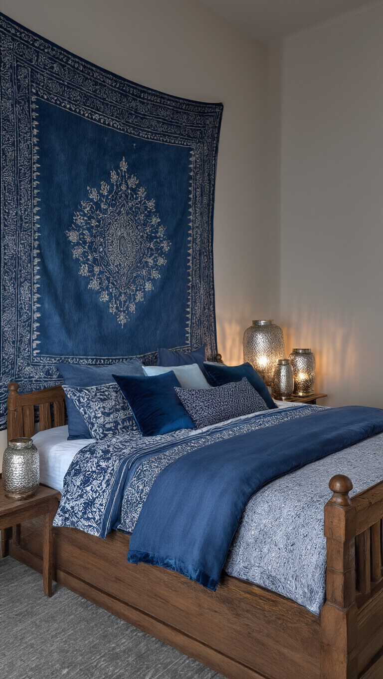 Moody 16x15ft bedroom with indigo tapestry featuring silver threads, carved wooden bed layered in deep blue block prints and velvet pillows, mercury glass lanterns, and dusk lighting enhancing textile shimmer.