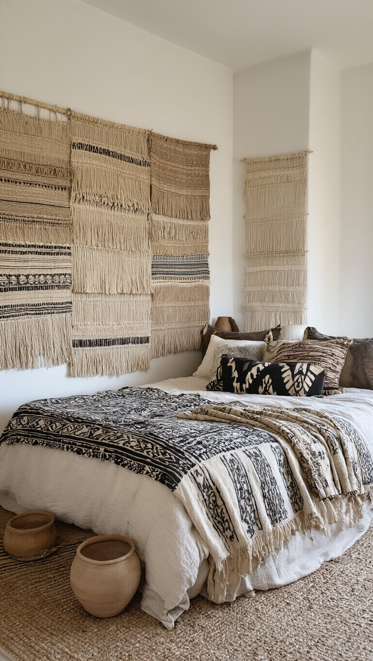 Bright corner bedroom with hand-woven wall hangings, vintage Moroccan blankets, mud cloth pillows, and clustered baskets in natural morning light.