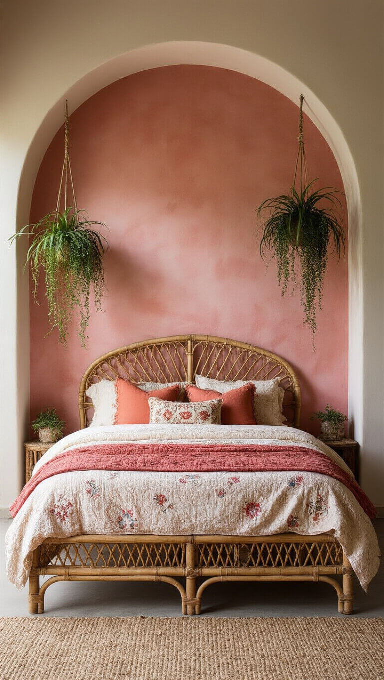 Bohemian bedroom with desert rose pink arch accent wall, rattan bed, vintage quilts, coral and rust pillows, and hanging plants in soft afternoon light.