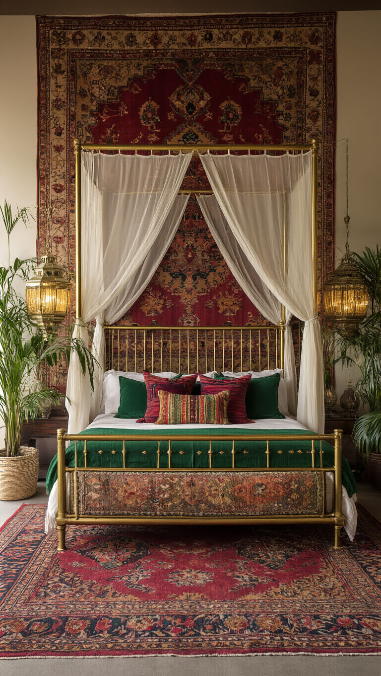 Eclectic 16x18ft bedroom with jewel-toned vintage rug wall, brass canopy bed with sheer drapes and kilim pillows, bathed in golden hour light with moody, mixed lighting atmosphere.