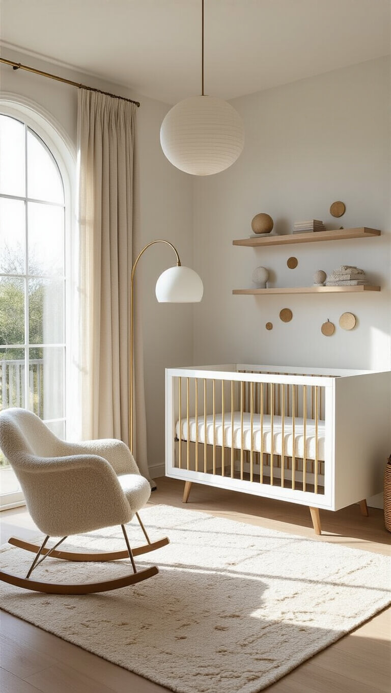 Modern minimalist nursery with white crib, brass accents, oatmeal boucle rocker, light oak floors, and cream geometric rug, bathed in morning light from floor-to-ceiling windows.