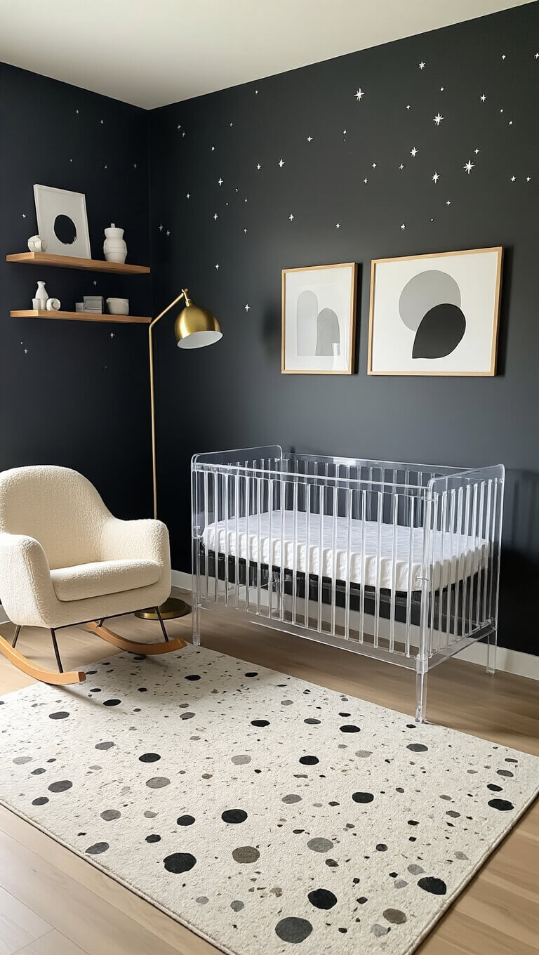 Contemporary gender-neutral nursery with acrylic crib against charcoal wall with constellation decals, cream bouclé rocker, brass lamp, floating walnut shelves, terrazzo rug on oak floor, and soft blue hour lighting.