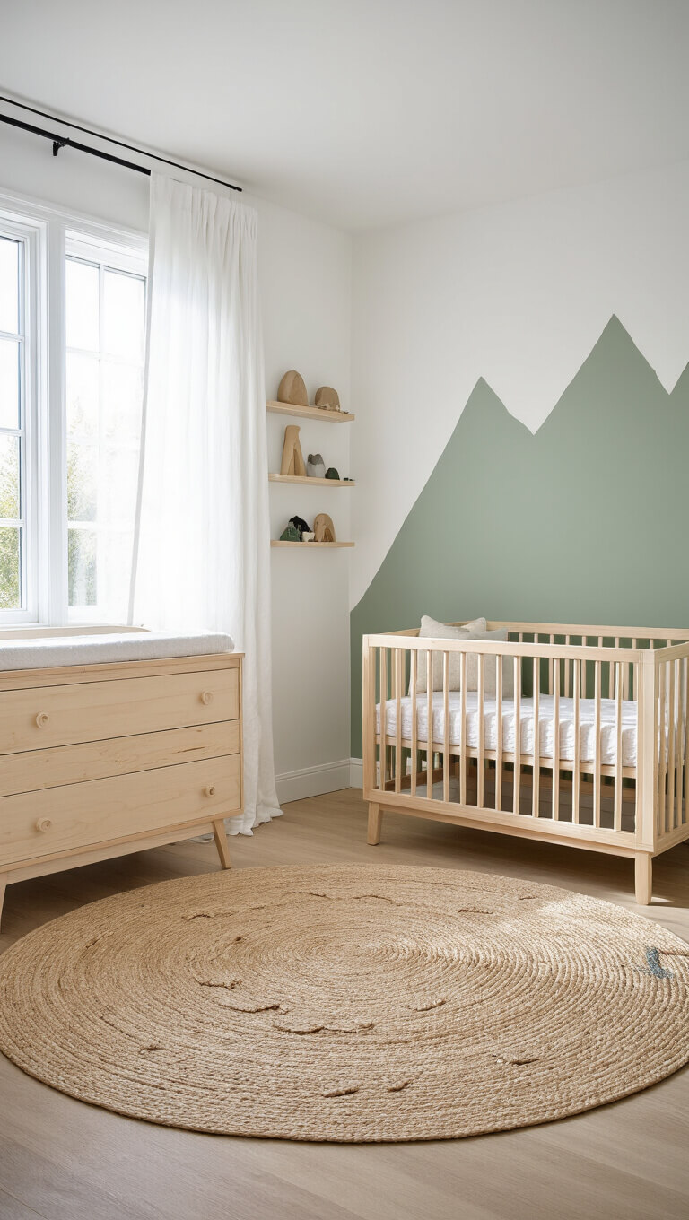 Scandinavian-style nursery with pine crib, sage green mountain mural, jute and cotton rugs, and minimalist toy shelving in soft morning light.