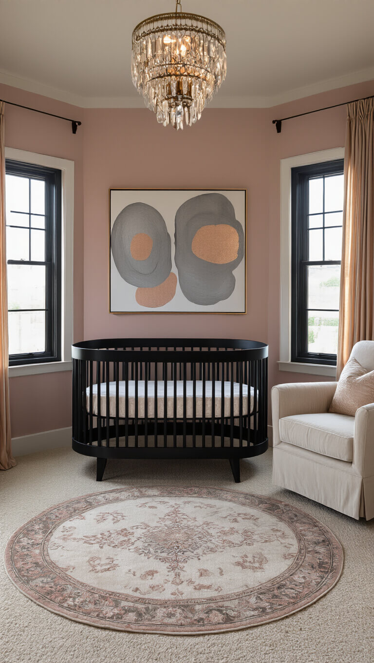 Luxe transitional nursery at dusk with matte black oval crib, blush pink walls, abstract grey and rose gold art, pearl-white glider, champagne silk drapes, plush cream carpet, vintage rose and grey rug, and crystal brass light fixture in warm, intimate lighting.