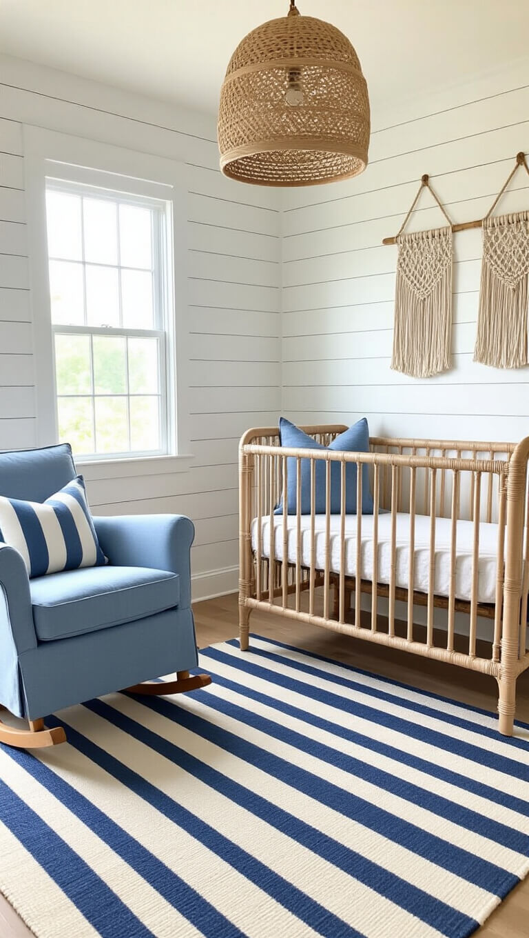 Coastal-themed nursery with rattan crib, ocean blue rocker, shiplap wall, rope pendant light, macramé decor, and navy striped rug in bright afternoon light.