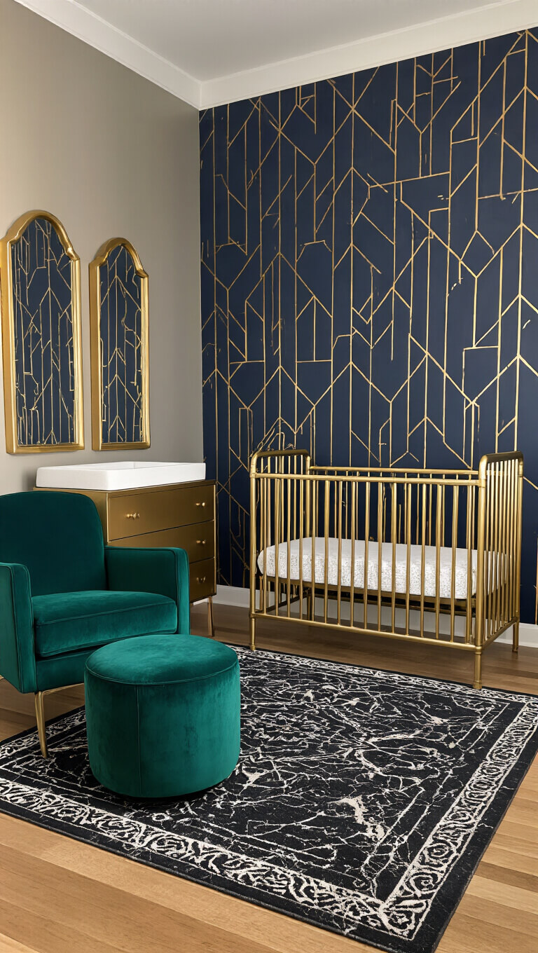 Art deco nursery at twilight with geometric navy and gold feature wall, brass crib, emerald velvet rocker, marble-print rug, and gold accents.