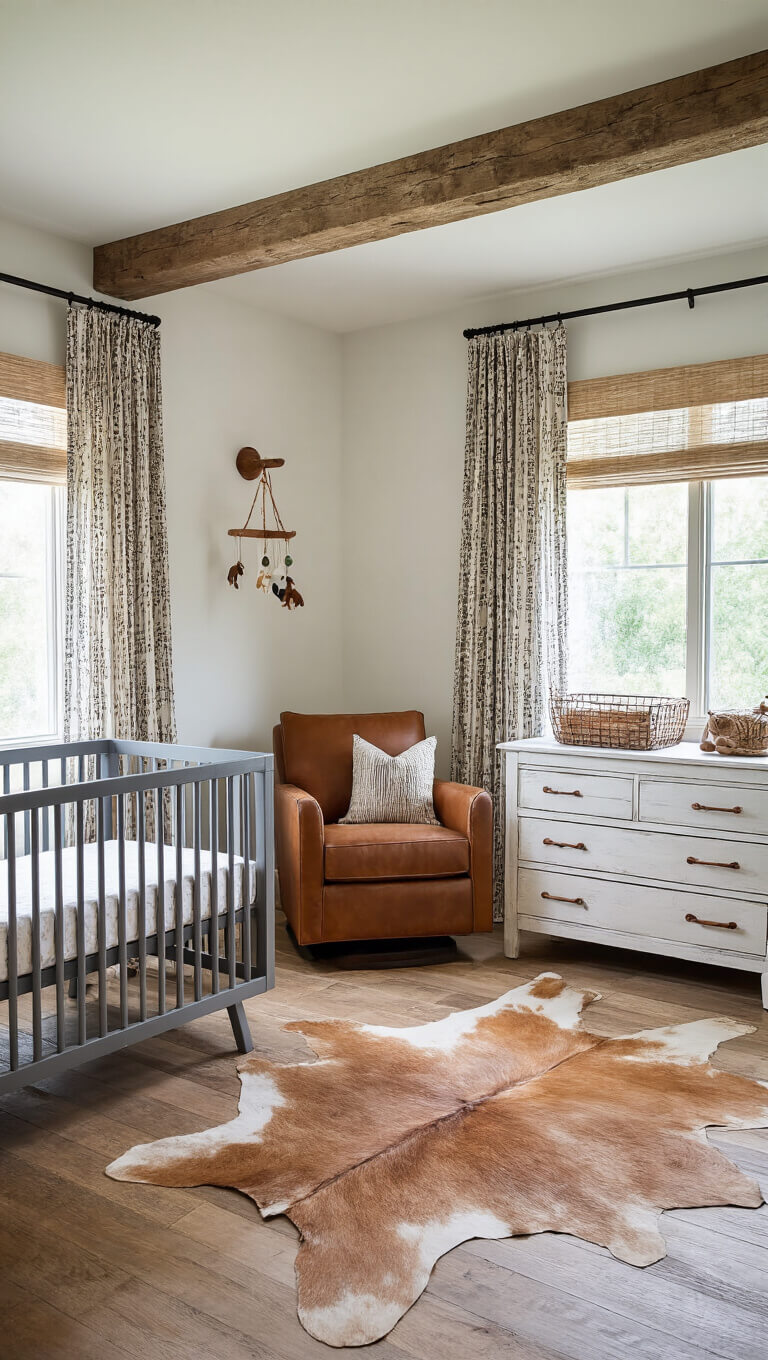 Rustic modern nursery with exposed beams, grey crib, leather glider, hide rug, white distressed dresser with copper hardware, tribal curtains, and wooden mobile in warm morning light.