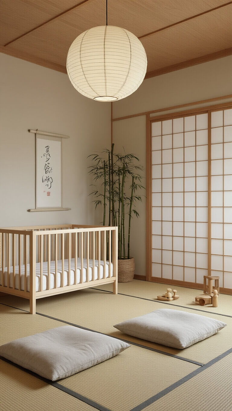 Japanese minimalist nursery with tatami flooring, low wood crib, sliding shoji screens, floor cushions, and soft natural lighting.