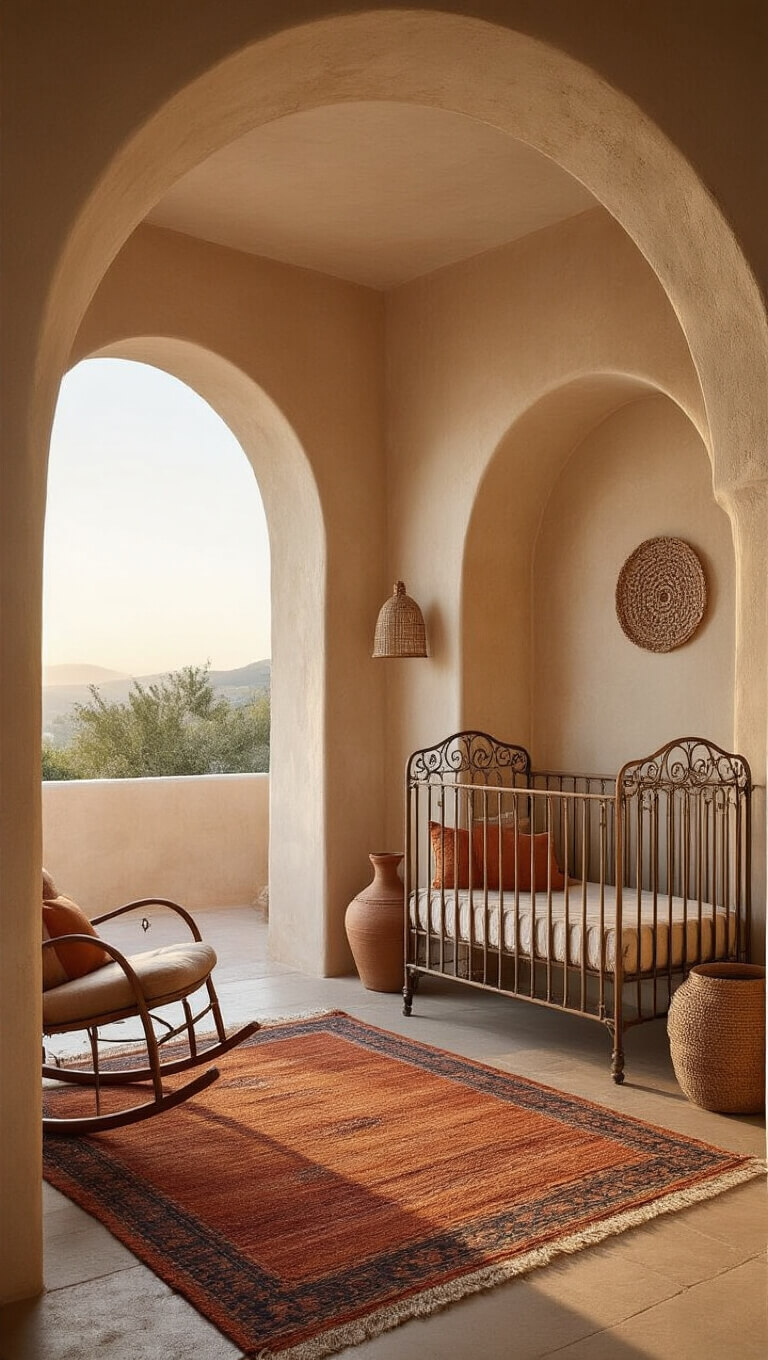 Mediterranean-inspired nursery with archways, iron crib, terracotta rocker, and woven rug, bathed in golden sunset light.