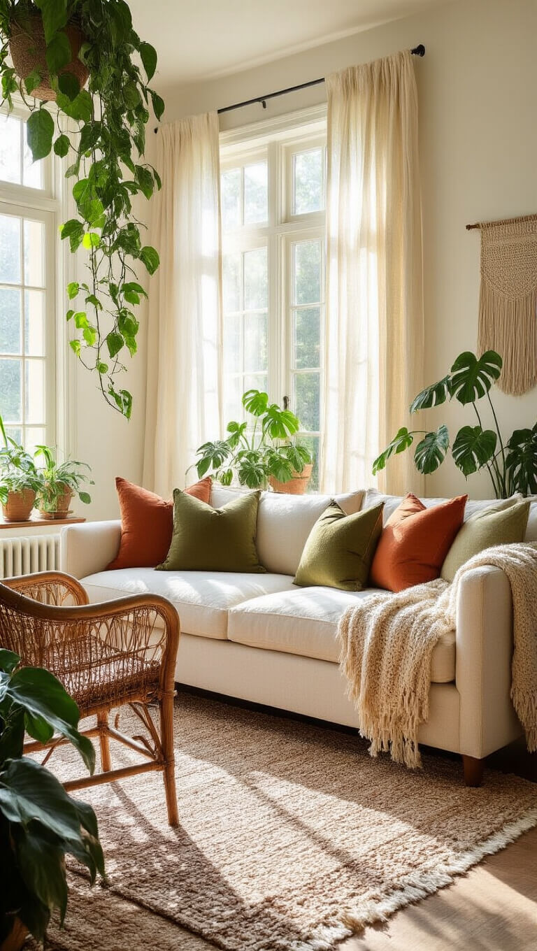 Sunlit living room with cream bouclé sofa, terracotta and olive pillows, vintage rattan chair, layered rugs, cascading plants, and macramé wall hanging in warm afternoon light.