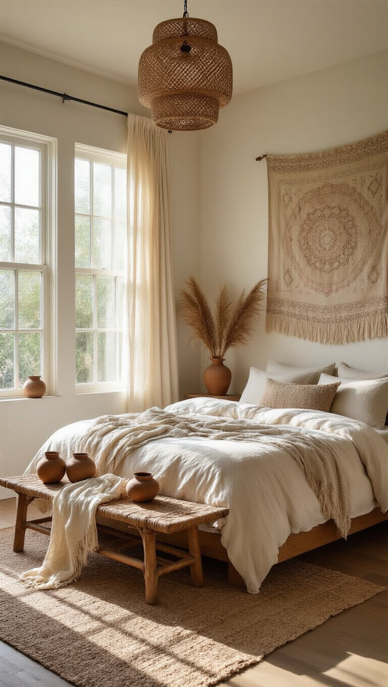 Cozy sunlit bedroom with unmade ivory linen bedding on a wooden platform bed, earth-toned tapestry headboard, dried pampas grass in ceramic vessels, rattan pendant lamp casting shadows, and Moroccan blanket on vintage bench.