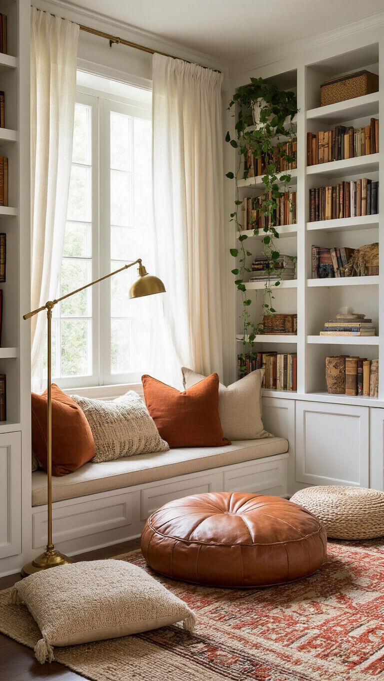 Cozy 10x12ft reading nook with white built-in bookshelves, leather floor cushion, rust and cream pillows, brass lamp, vintage rug, and cascading greenery in soft morning light.