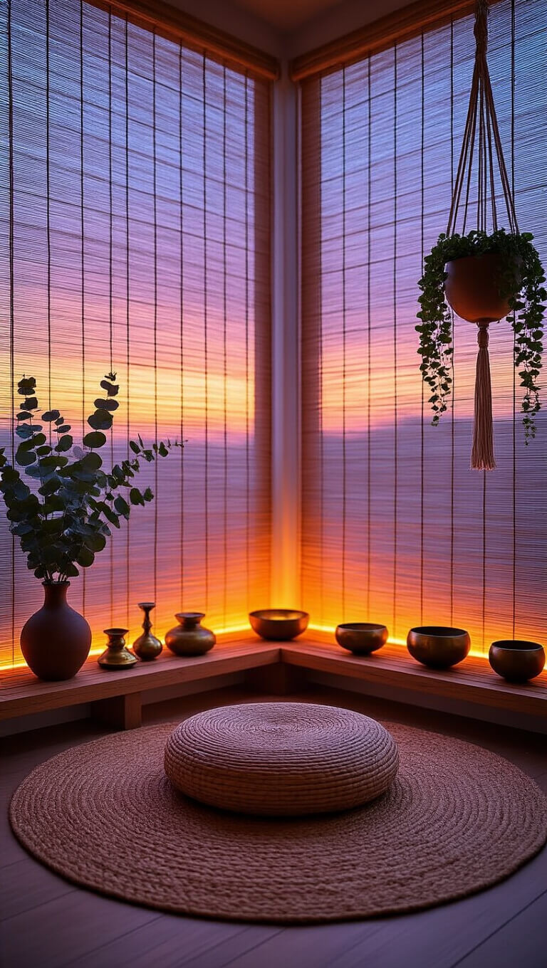 Meditation corner with rattan cushion on jute rug, bamboo blinds filtering sunset light, incense and singing bowls on wood platform, and hanging plants adding natural touches.
